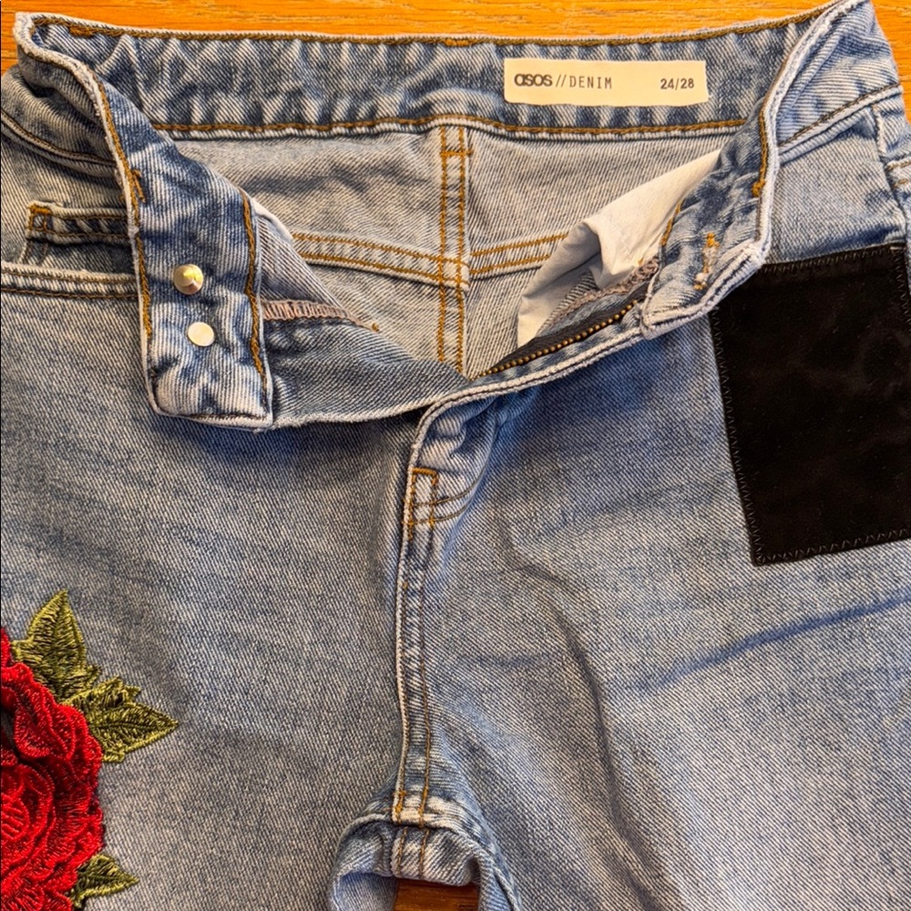 ASOS Straight Leg Blue and Red Jeans with Artistic Patchwork - Picture 2 of 6